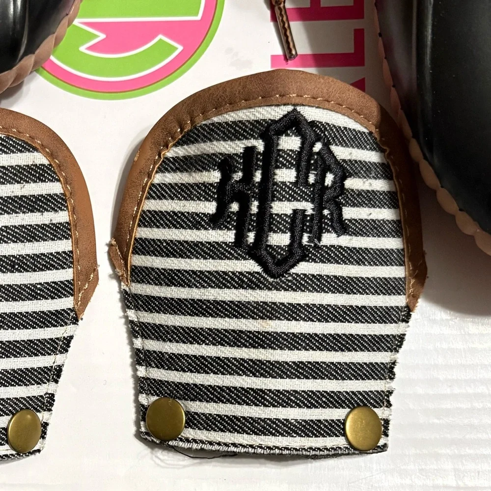 Marleylilly Womens SZ 8 black white striped duck boots mud rain boots waterproof
